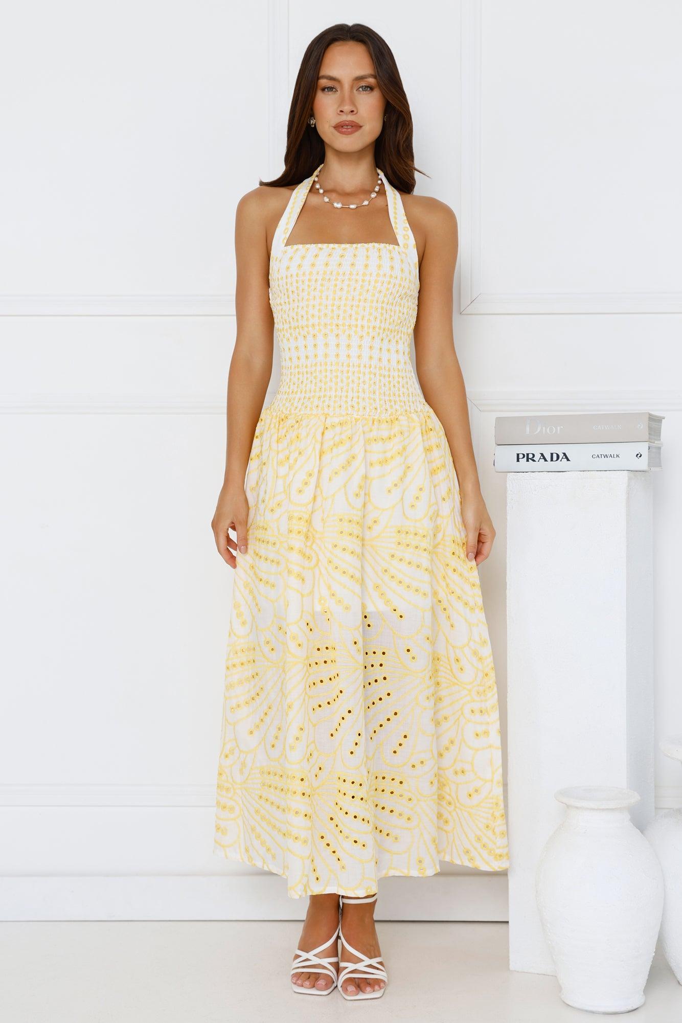 Leona Halter Embroidered Maxi Dress Yellow Product Image