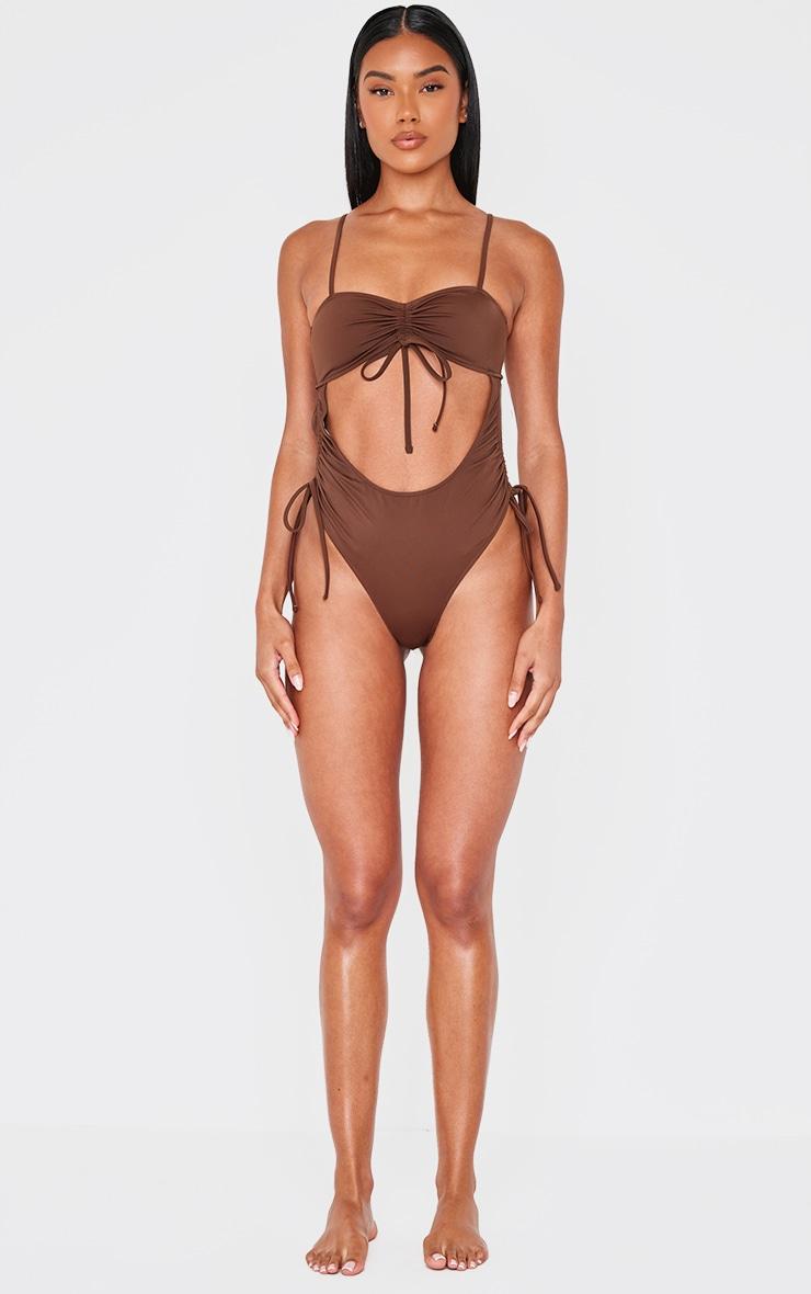 Chocolate Ruched Cut Out Halter Tie Swimsuit Product Image