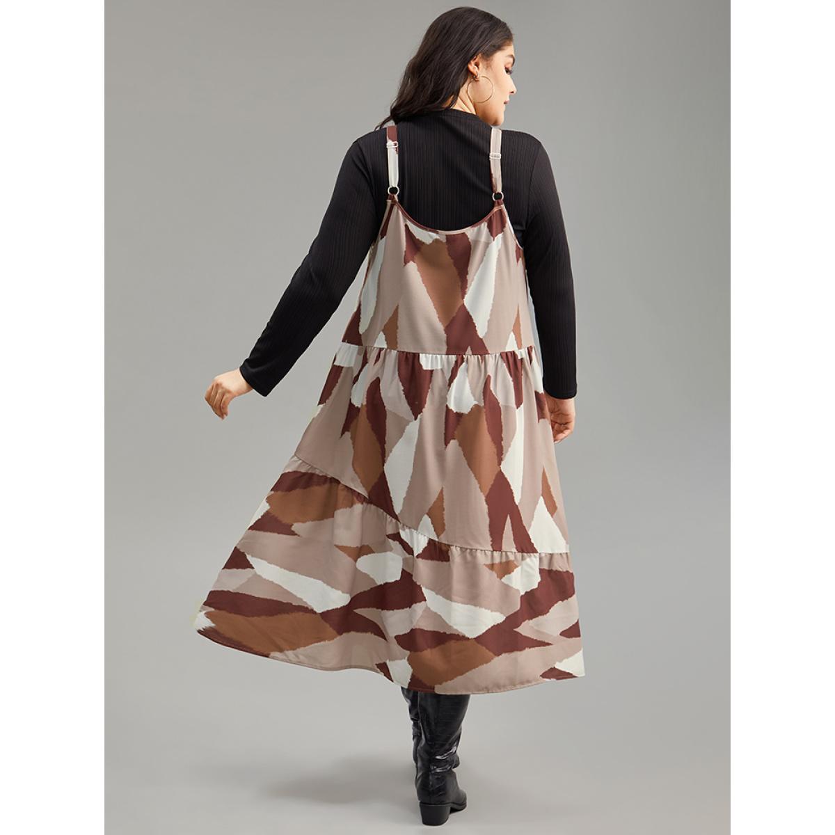 Plus Size Colorblock Contrast Pocket Cami Ruffle Hem Dress LightBrown Women Casual Adjustable Straps Spaghetti Strap Sleeveless Curvy Midi Dress BloomChic 26/4X Product Image