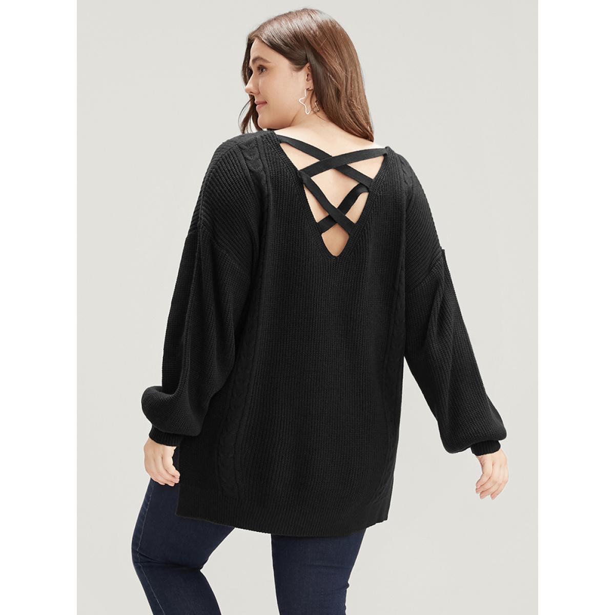 Plus Size Solid Pointelle Knit Lantern Sleeve Cut Out Split Knit Top Black Women Casual Loose Long Sleeve V-neck Dailywear Pullovers BloomChic 12/L Product Image