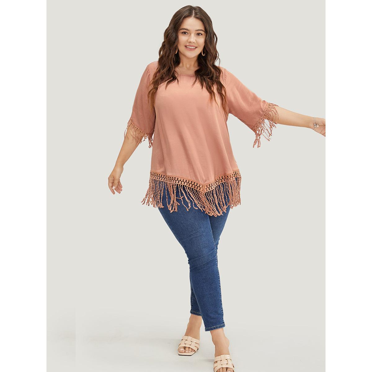Plus Size Coral Plain Round Neck Asymmetrical Lace Fringe Hem Blouse Women Vacation Elbow-length sleeve Round Neck Dailywear Blouses BloomChic 12/L Product Image