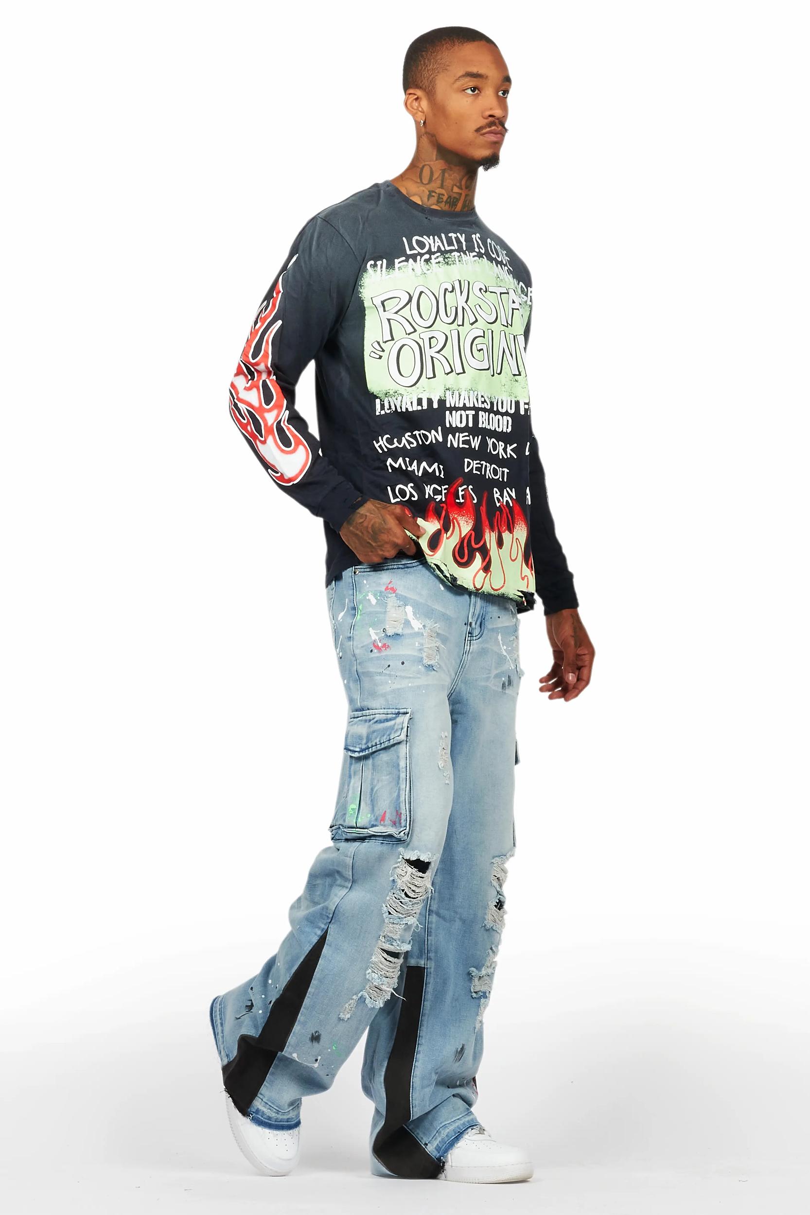 Beno Black/Blue Long Sleeve T-Shirt/Baggy Fit Jean Bundle Male Product Image