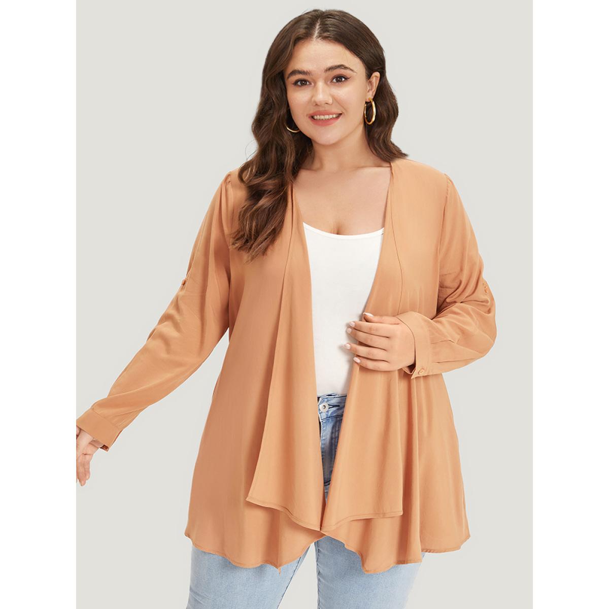 Plus Size Supersoft Essentials Plain Pocket Button Asymmetrical Hem Kimono Women Tan Casual Asymmetrical Pocket Dailywear Kimonos BloomChic 10/M Product Image