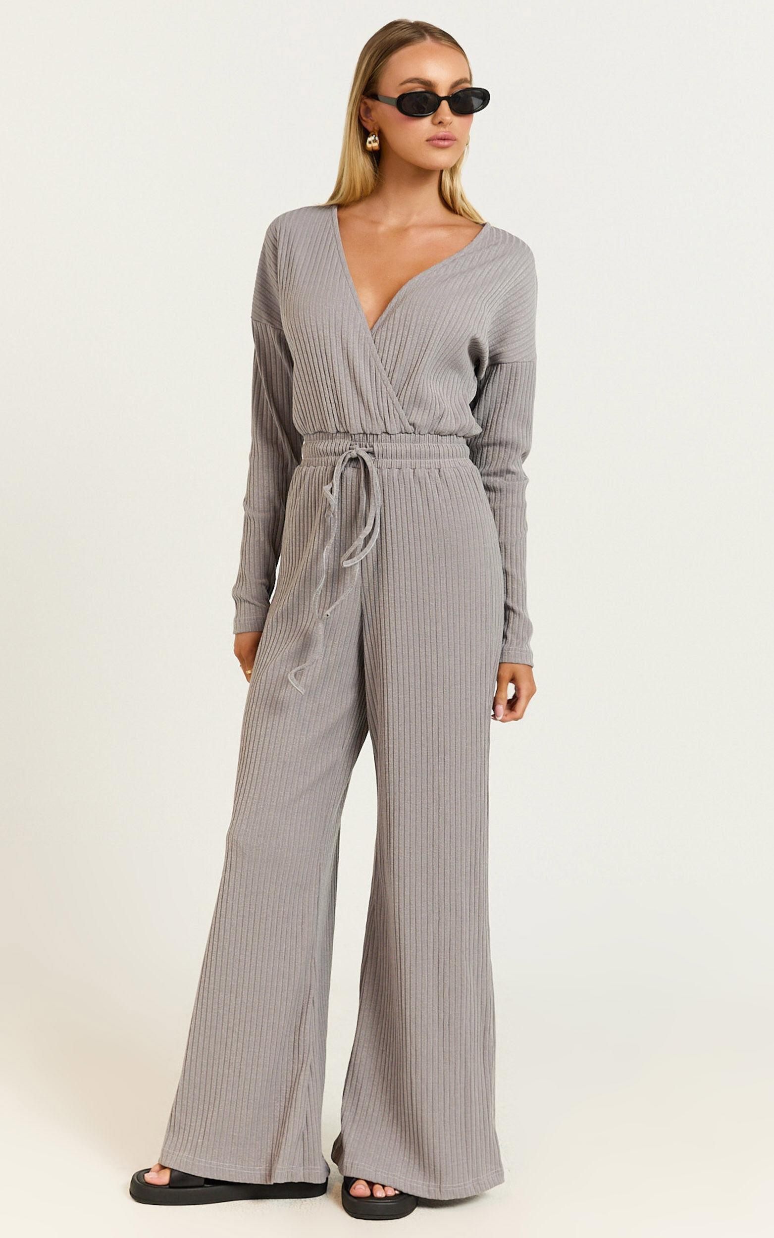 Camille Jumpsuit - Ribbed Jersey Long Sleeve Wide Leg Jumpsuit in Slate Grey Product Image