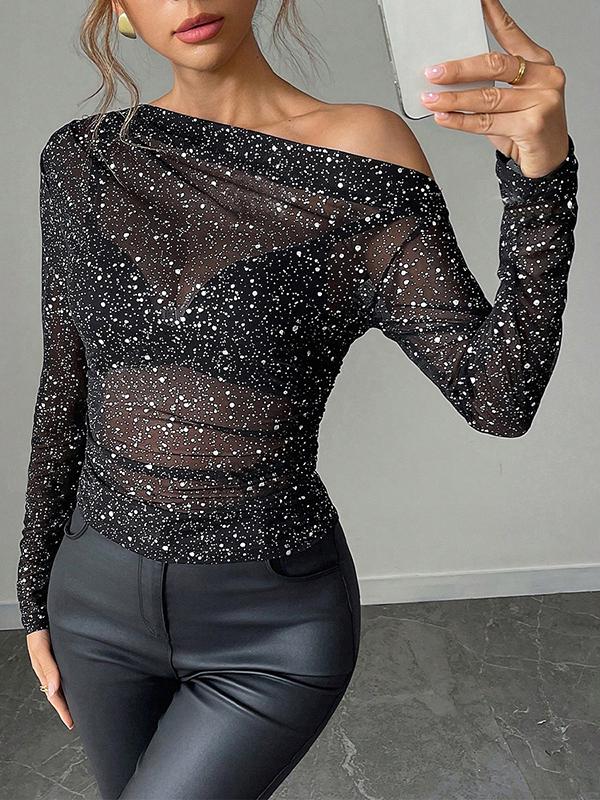 Long Sleeves Skinny Rhine Stones See-Through One-Shoulder T-Shirts Tops Product Image