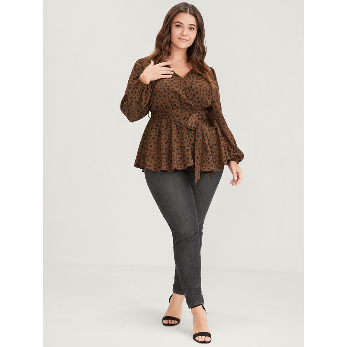 Plus Size Brown Polka Dot Lantern Sleeve Belted Wrap Blouse Women Elegant Long Sleeve V-neck Dailywear Blouses BloomChic 22-24/3X Product Image