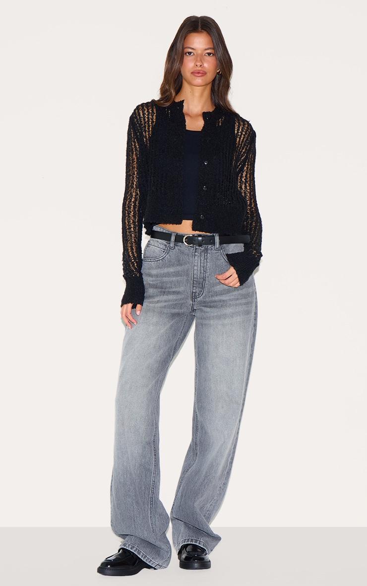 Black Ladder Knit Sheer Button Up Cardigan Product Image