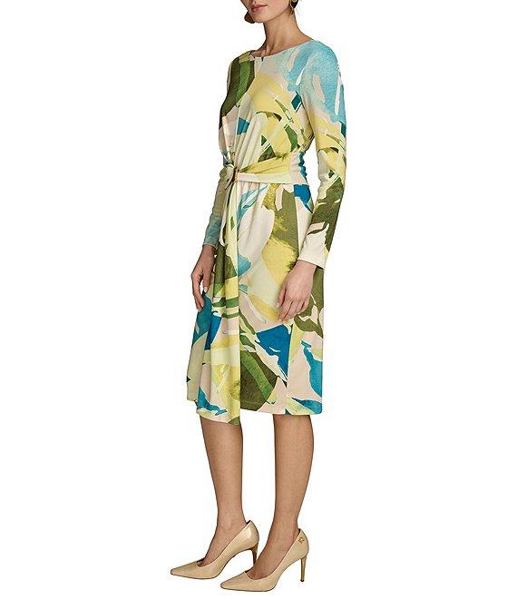 Donna Karan Crew Neck Long Sleeve Front Twist O-Ring Sheath Dress Product Image