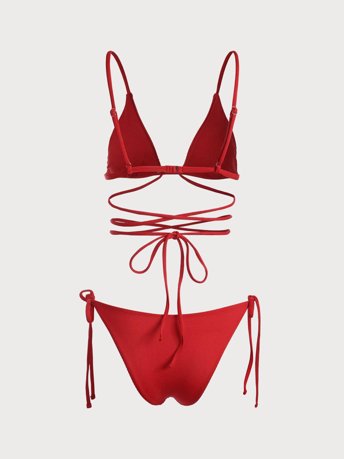 Red Criss-Cross Ribbed Bikini Set Product Image