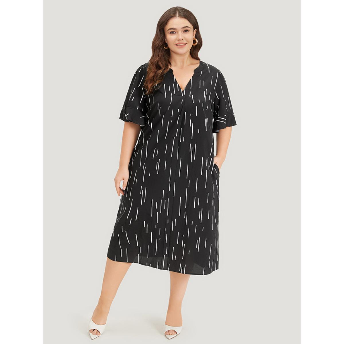 Plus Size Line Print Notched Bell Sleeve Ruffle Hem Dress Black Women Office Plain Notched collar Half Sleeve Curvy Midi Dress BloomChic 18-20/2X Product Image