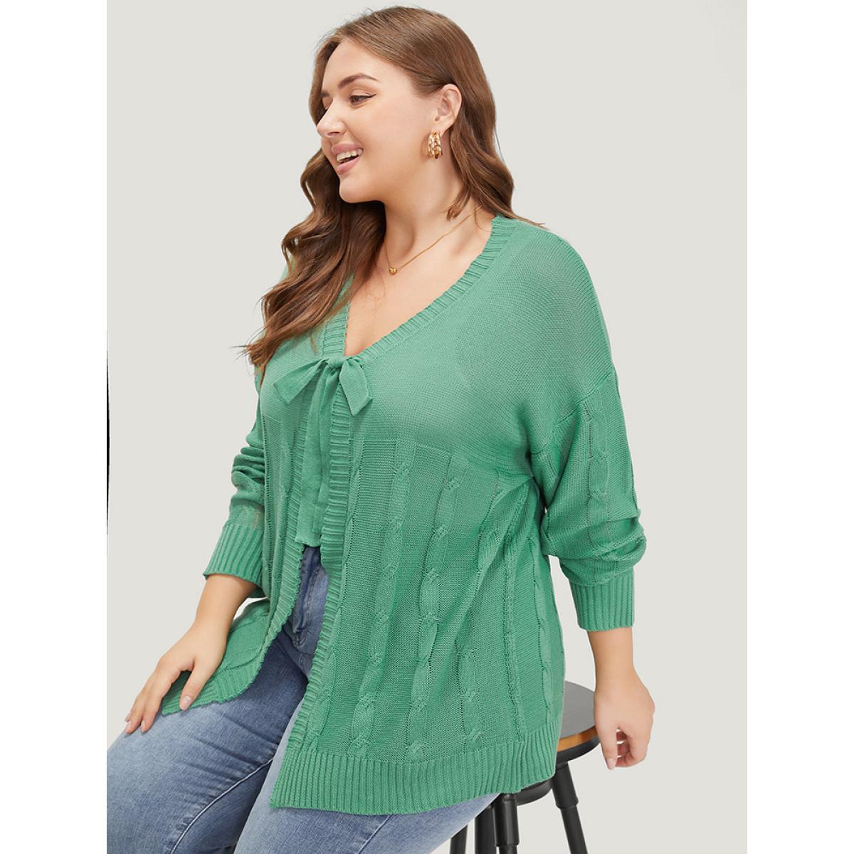 Plus Size Solid Ties Front Cable Knit Cardigan Green Women Casual Long Sleeve Dailywear Cardigans BloomChic 10/M Product Image