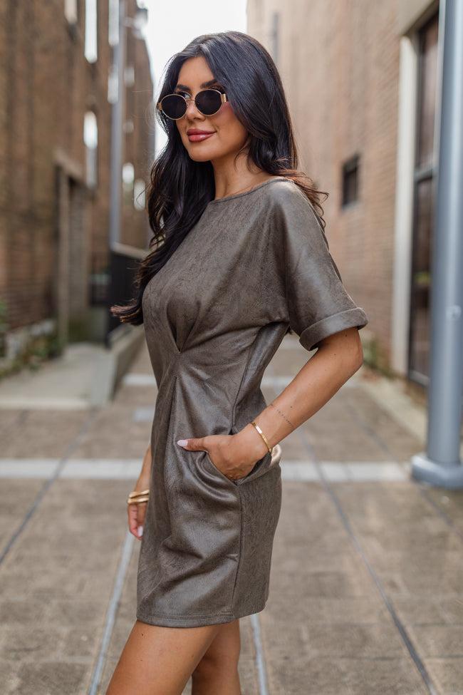 You Deserve It Mushroom Faux Leather Cinched Mini Dress FINAL SALE Product Image