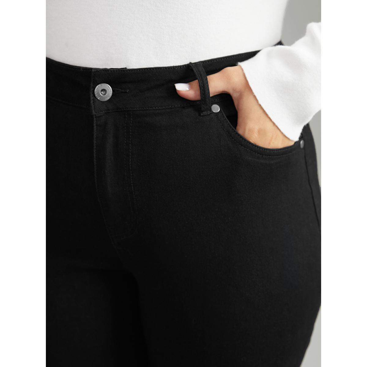 Plus Size Flare Leg Plaid Patchwork Pocket Jeans Women Black Casual Plaid Contrast Low stretch Pocket Jeans BloomChic 14/1X Product Image