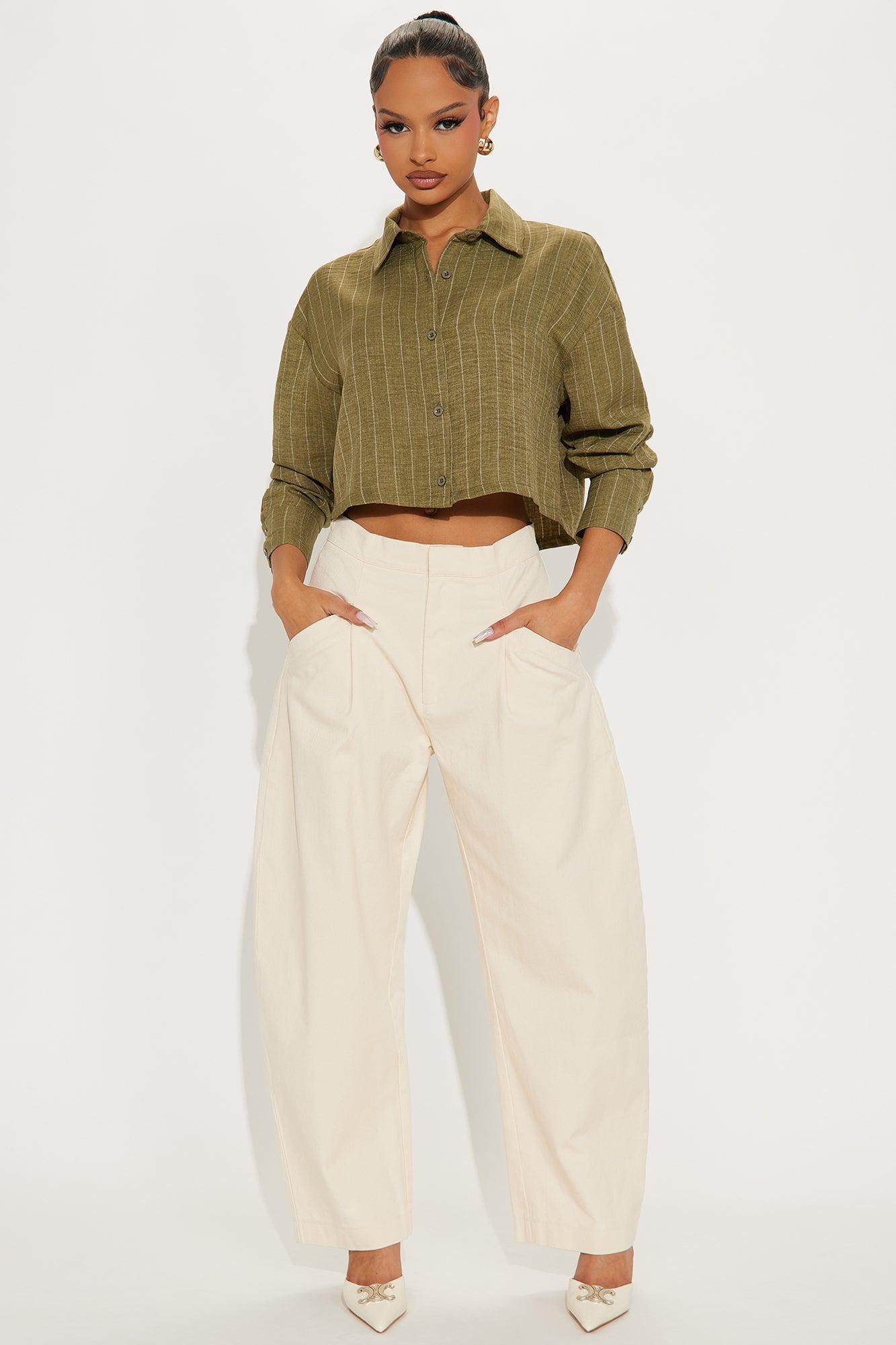 Marie Cropped Pinstripe Shirt - Olive Female Product Image