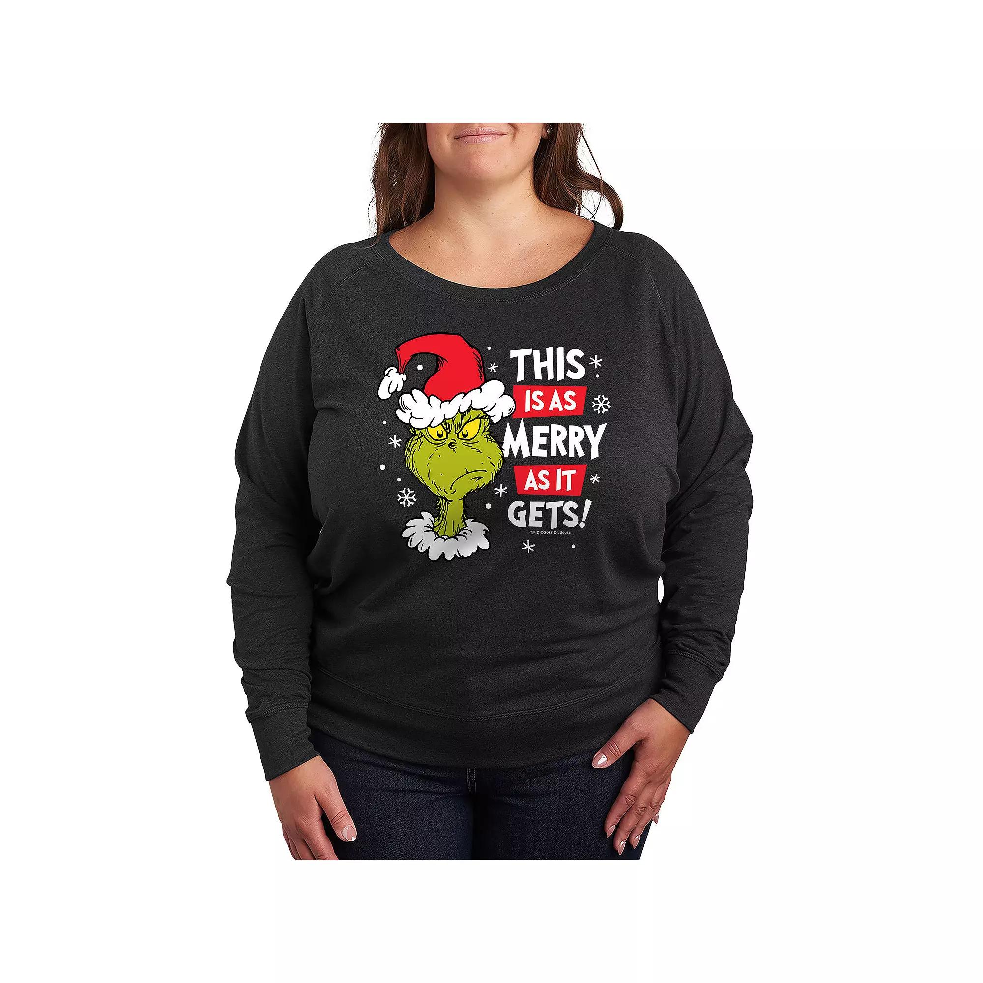 Plus Size Dr. Seuss The Grinch Merry As It Gets French Terry Long Sleeve Tee, Women's, Size: 3XL, Heather Grey Product Image