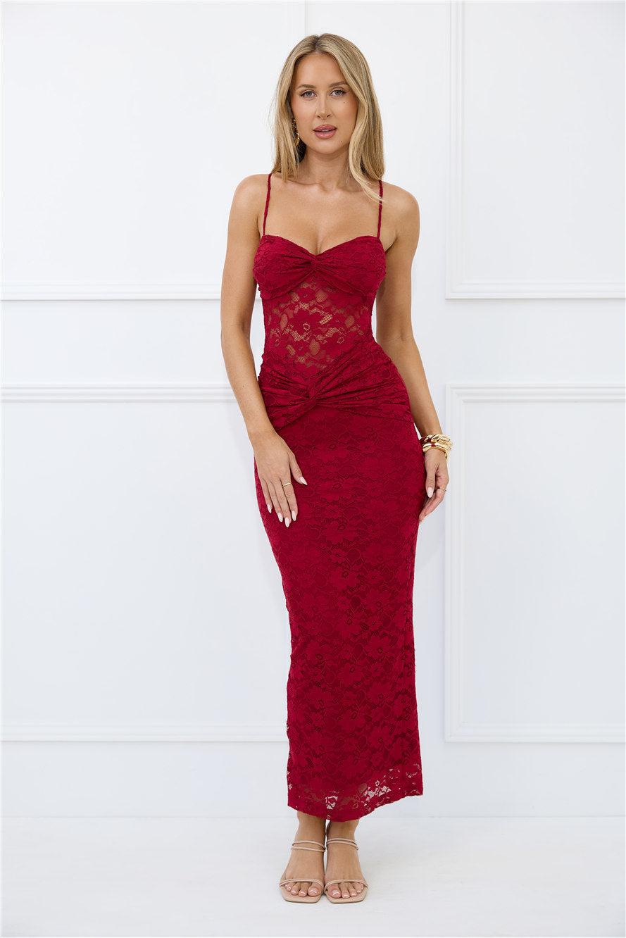 Chic After Dark Lace Maxi Dress Burgundy Product Image