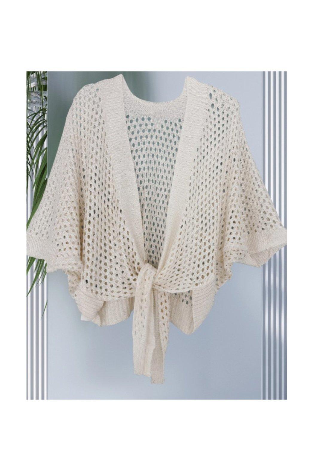 Eyelet Open-Knit Metallic Cardigan with Front Tie Product Image