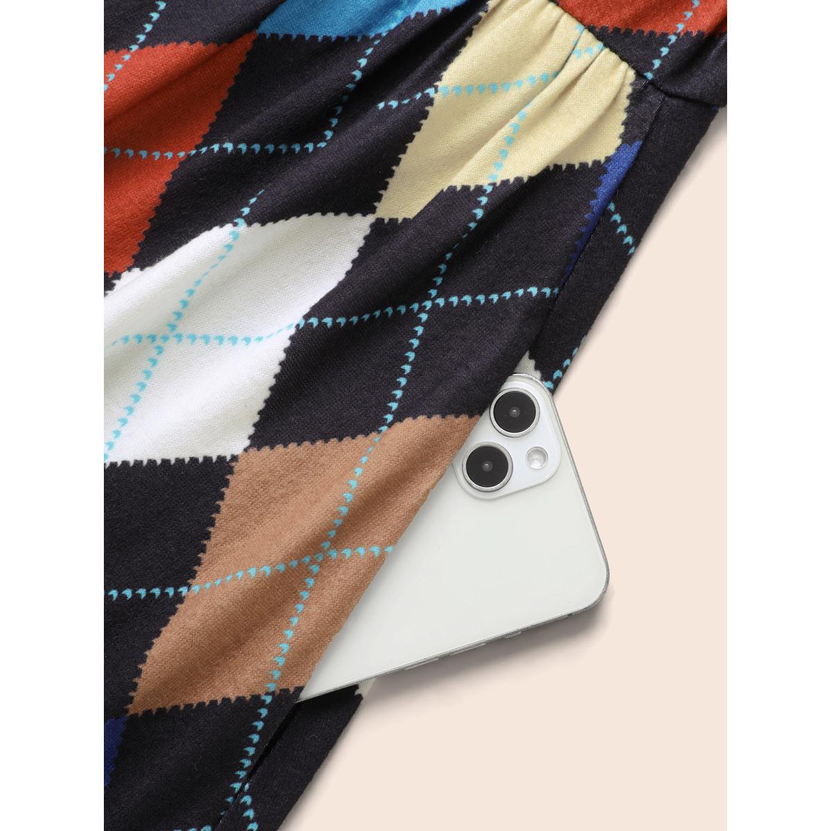 Plus Size V Neck Colorblock Contrast Belted Dress Multicolor Women Casual Belted V-neck Long Sleeve Curvy BloomChic 26/4X Product Image