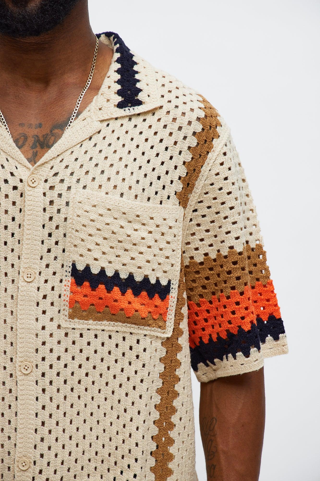 Resort Life Crochet Cuban Collar Shirt - Tan/Multi Male Product Image