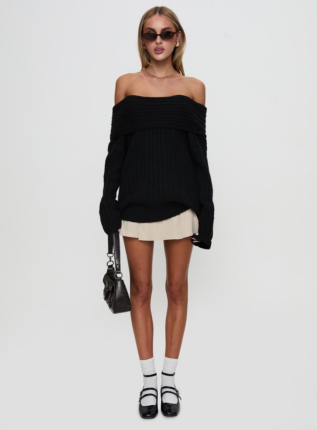 Snowie Off Shoulder Knit Sweater Black Product Image
