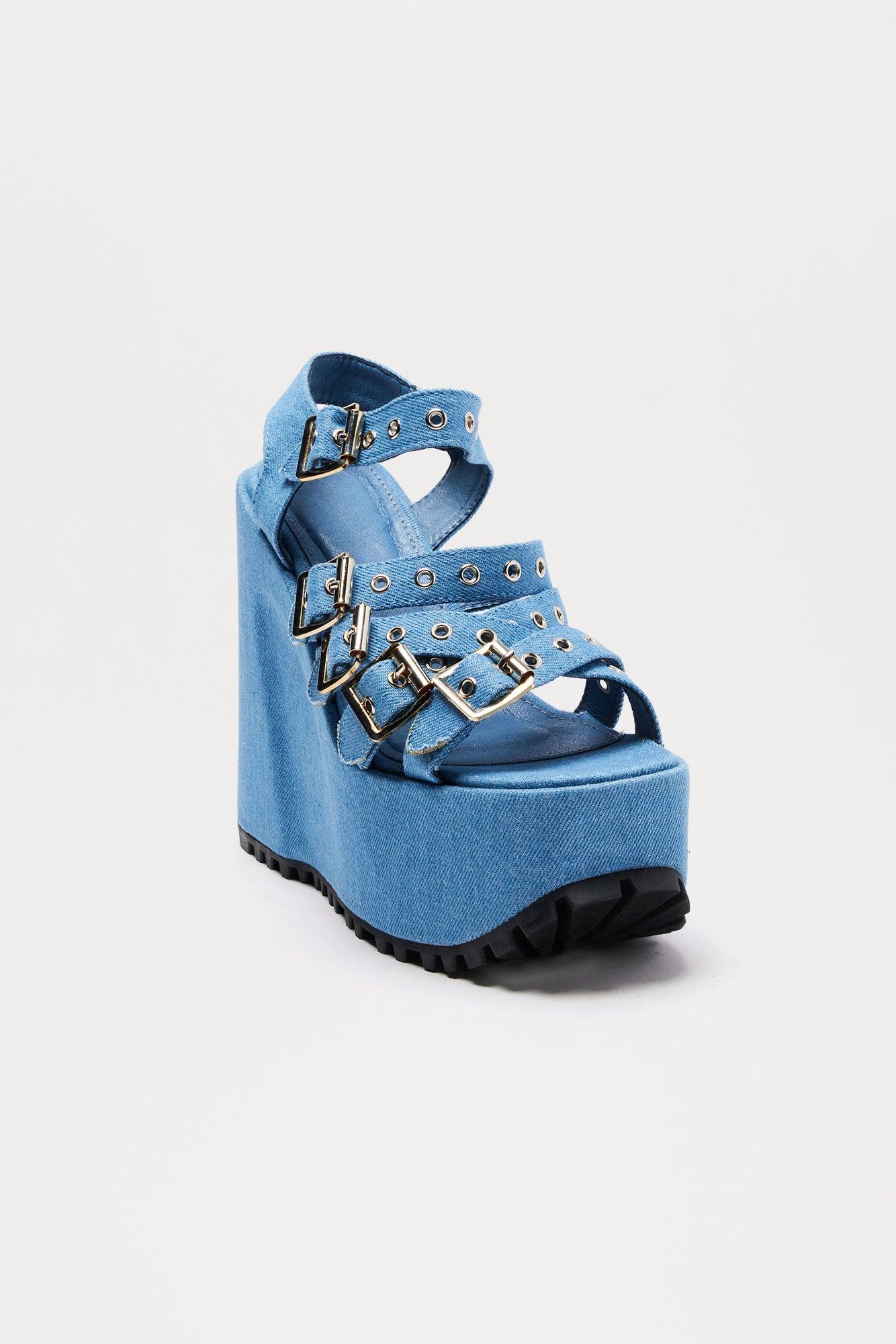 Mikey Buckle Platform Wedges - Blue Product Image