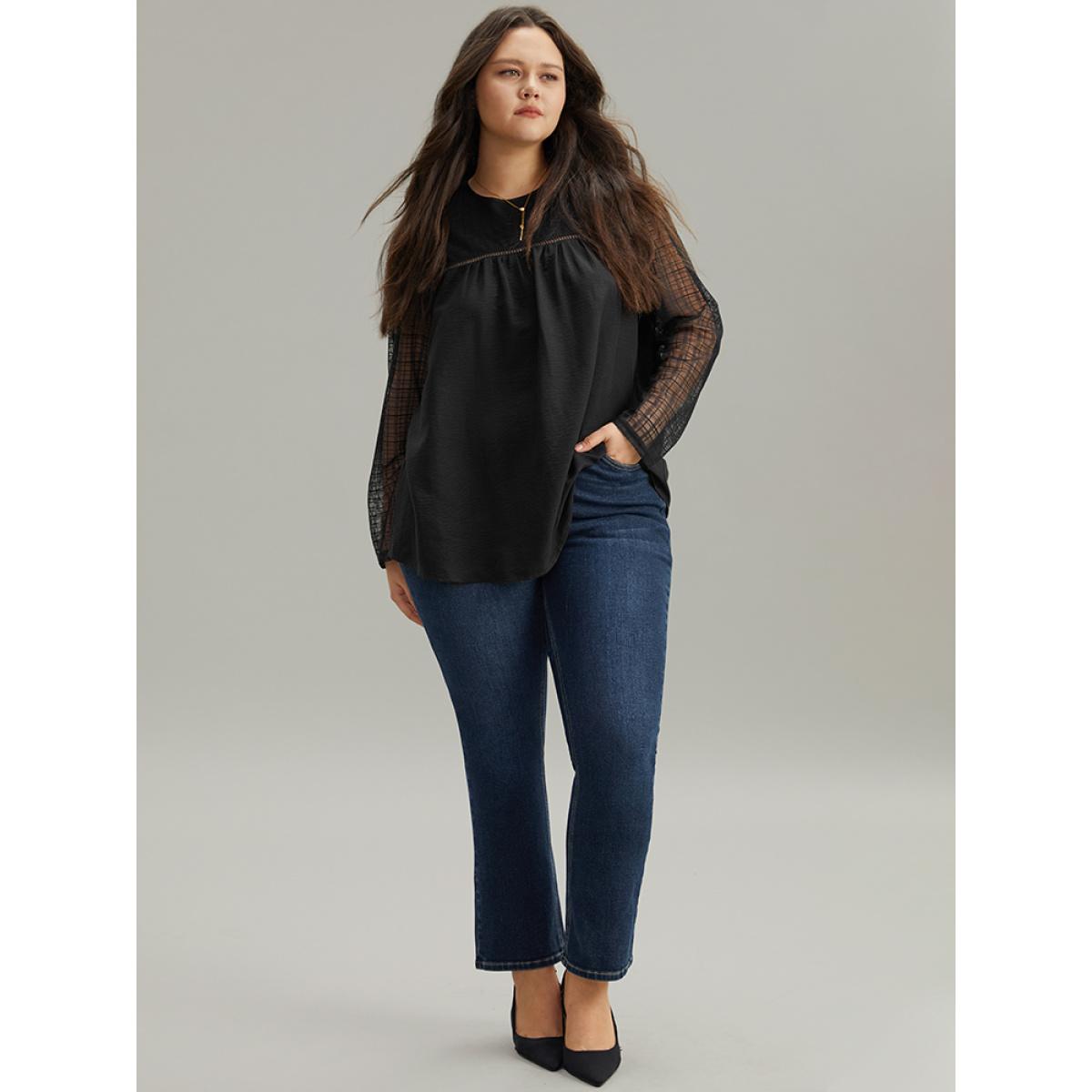 Plus Size Black Solid Keyhole Mesh Plicated Detail Blouse Women Glamour Long Sleeve Round Neck Going out Blouses BloomChic 12/L Product Image