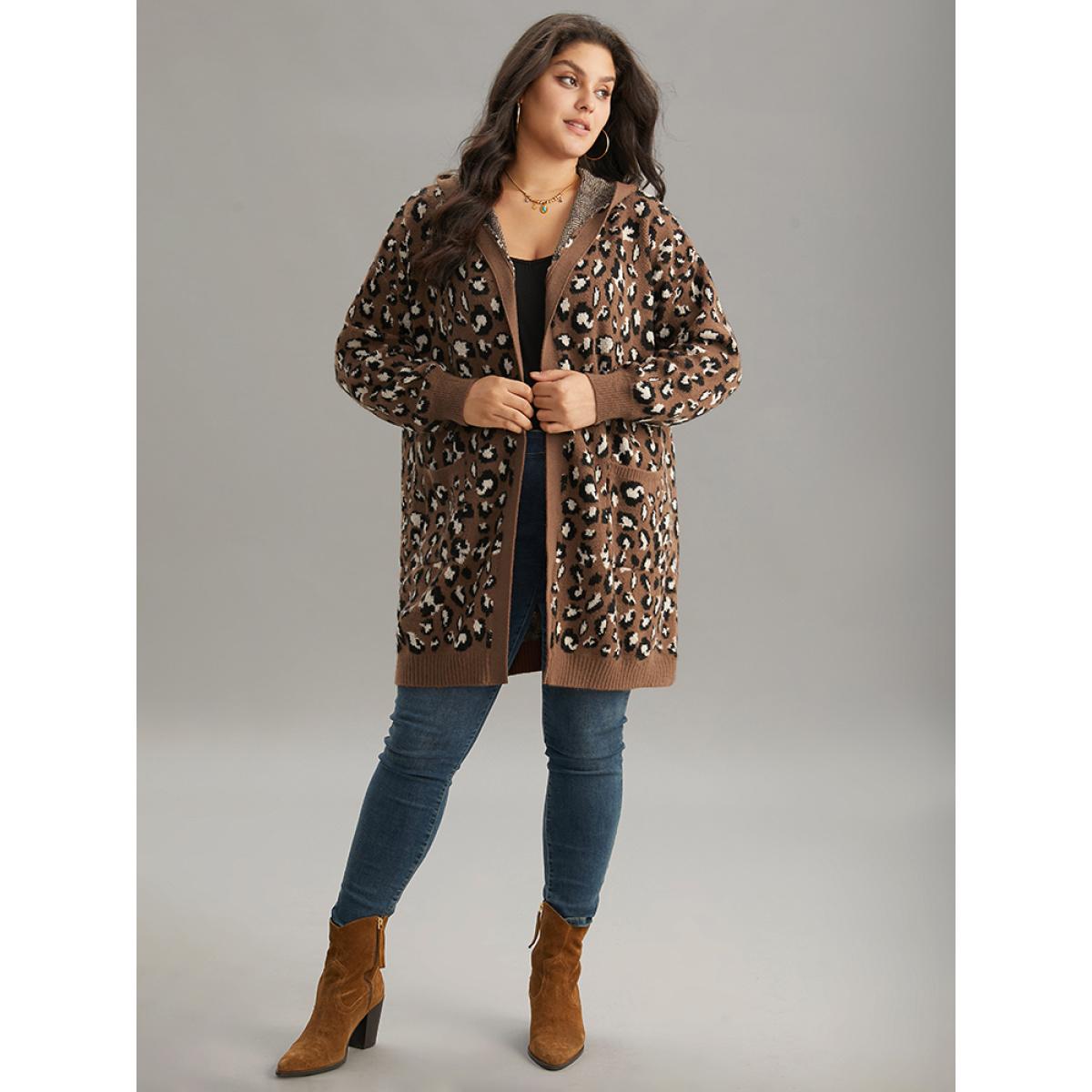 Plus Size Supersoft Essentials Leopard Hooded Pocket Cardigan DarkBrown Women Casual Loose Long Sleeve Dailywear Cardigans BloomChic 18-20/2X Product Image