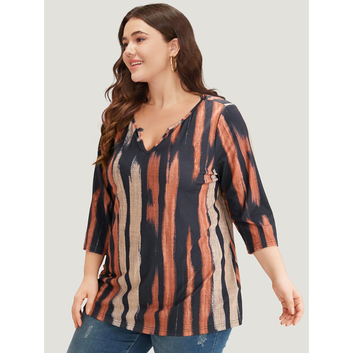 Plus Size Brush Print Notched Three Quater Length Sleeve T-shirt Multicolor Women Casual Printed Colorblock Notched collar Dailywear T-shirts BloomChic 10/M Product Image