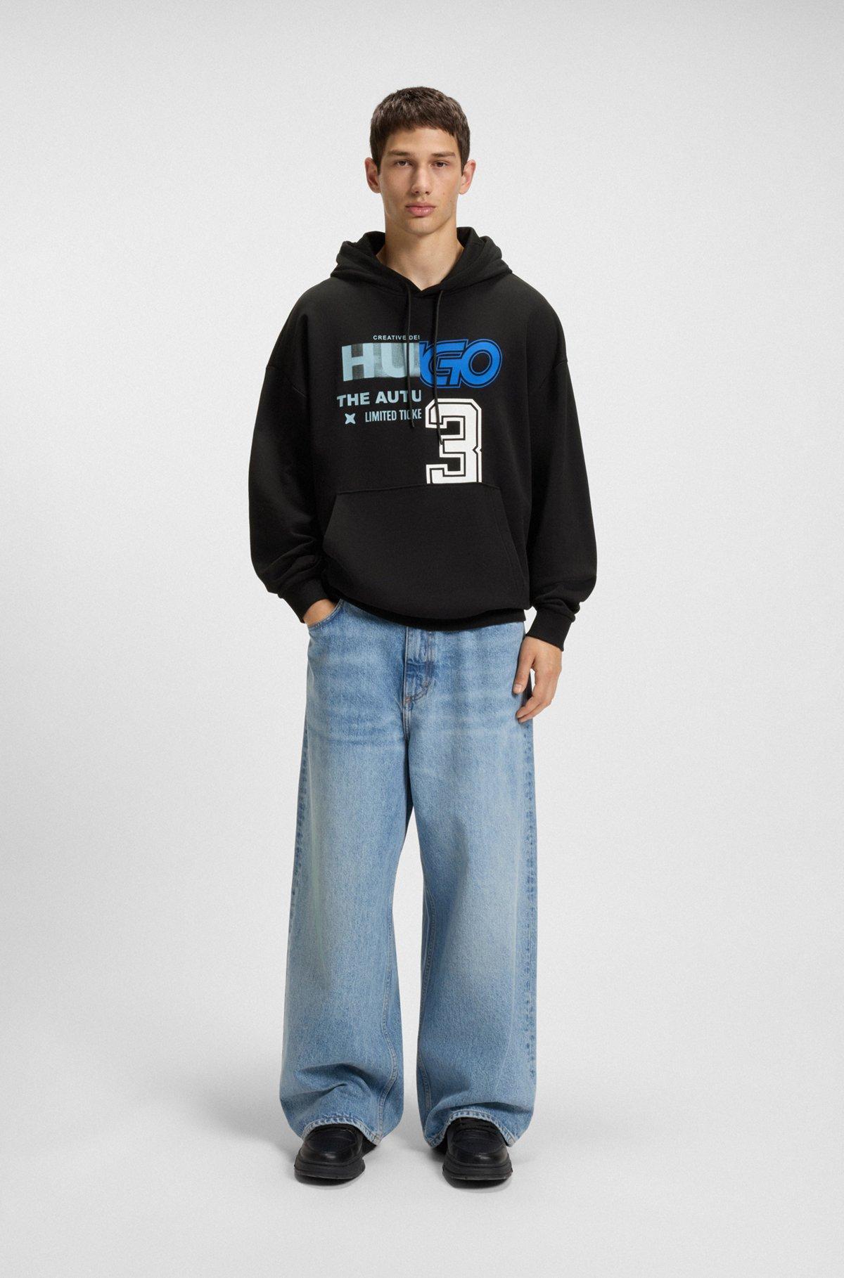 HUGO - Cotton-terry hoodie with mixed artwork print - Black Product Image