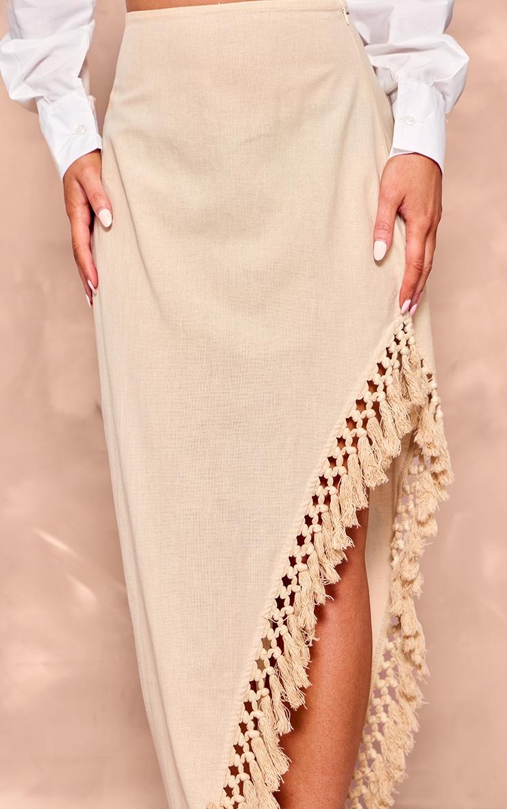 Beige Linen Look Tassel Hem Thigh Split Maxi Skirt Product Image