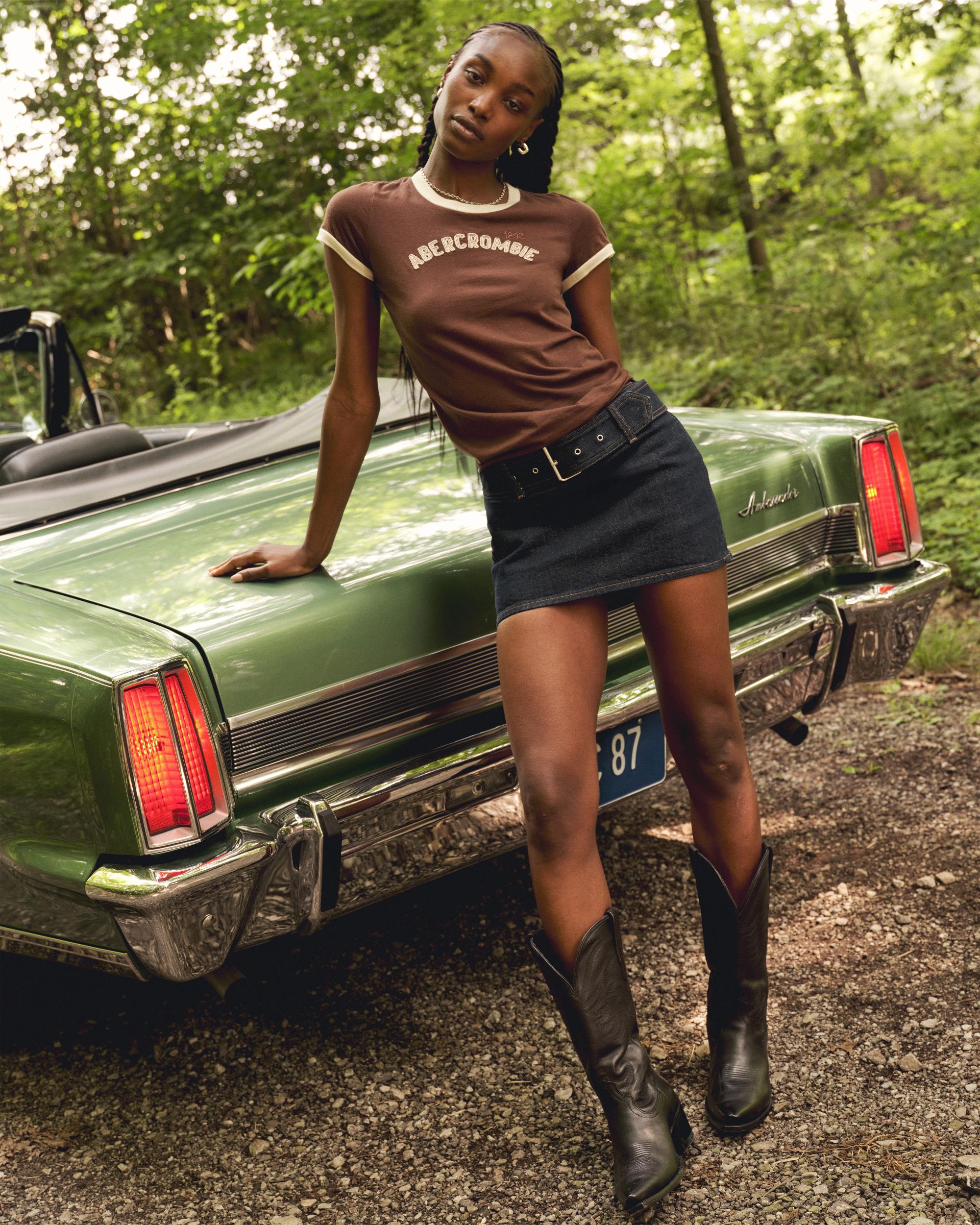 Mid Rise Belted Denim Mini Skort Product Image