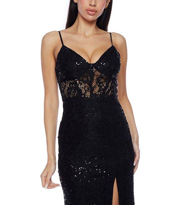 B. Darlin Stretch Sequin Lace V-Neck Spaghetti Strap Bustier Illusion Waist Front Slit Dress Product Image