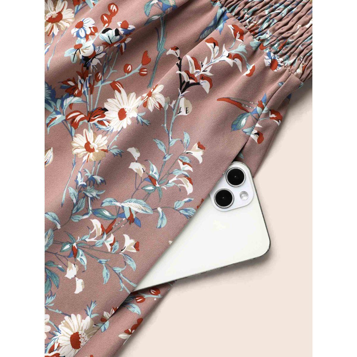 Plus Size V-Neck Floral Print Shirred Pockets Midi Dress DustyPink Women Elegant Shirred V-neck Elbow-length sleeve Curvy BloomChic 18-20/2X Product Image