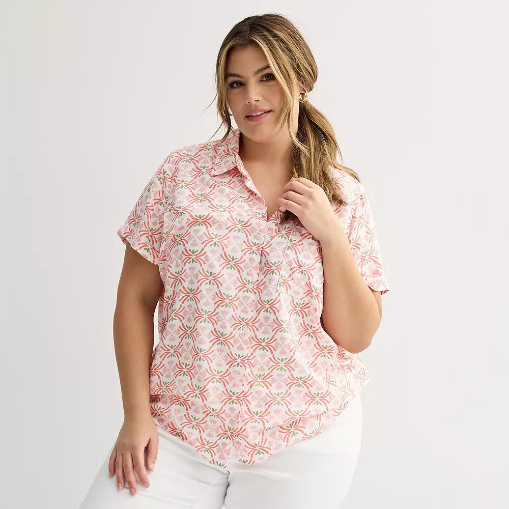 Plus Size Croft & Barrow® Camp Shirt, Women's, Size: 1XL, Pink White Tile Product Image