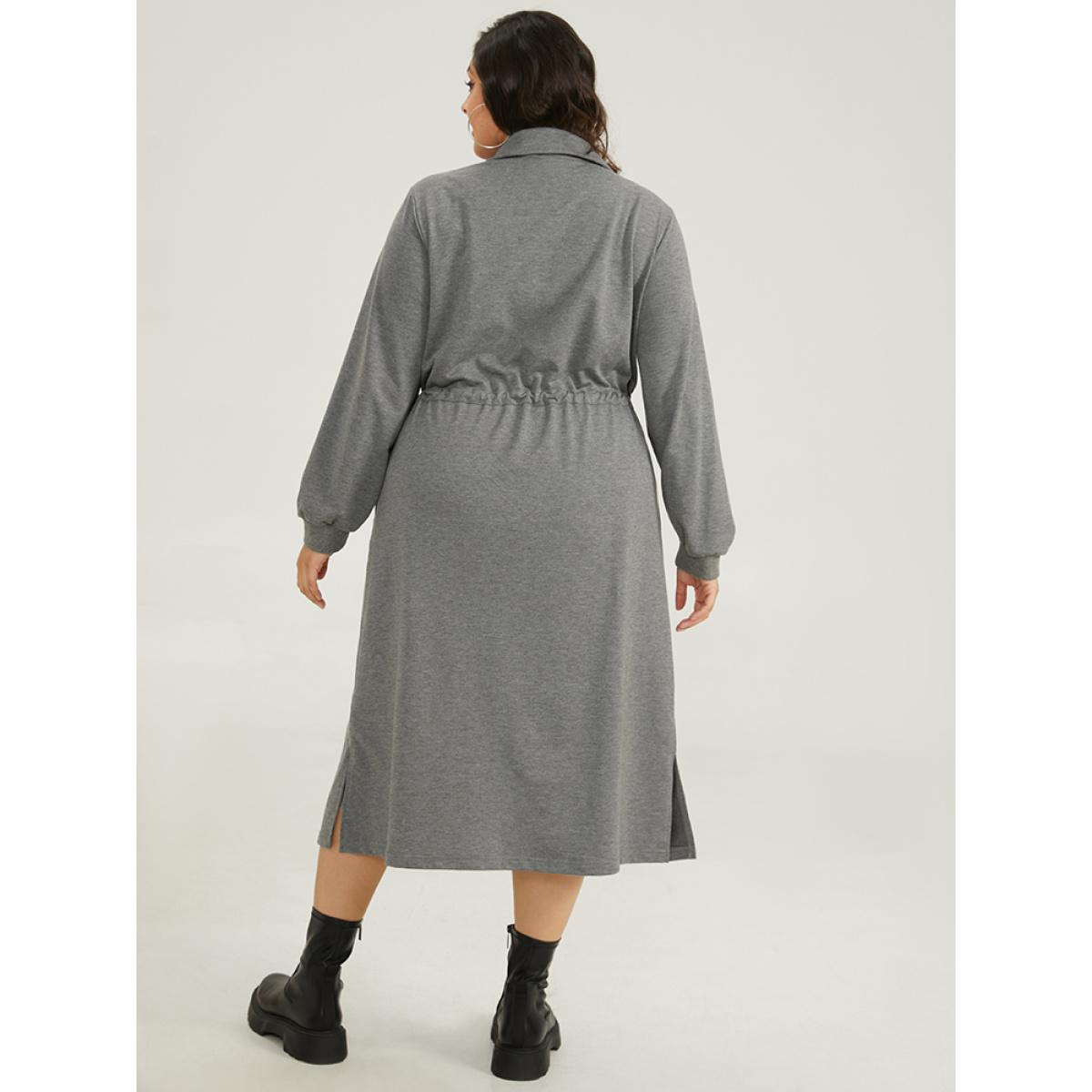 Plus Size Rib Knit Split Hem Drawstring Zipper Dress DimGray Women Casual Plain Lapel Collar Long Sleeve Curvy Midi Dress BloomChic 26/4X Product Image