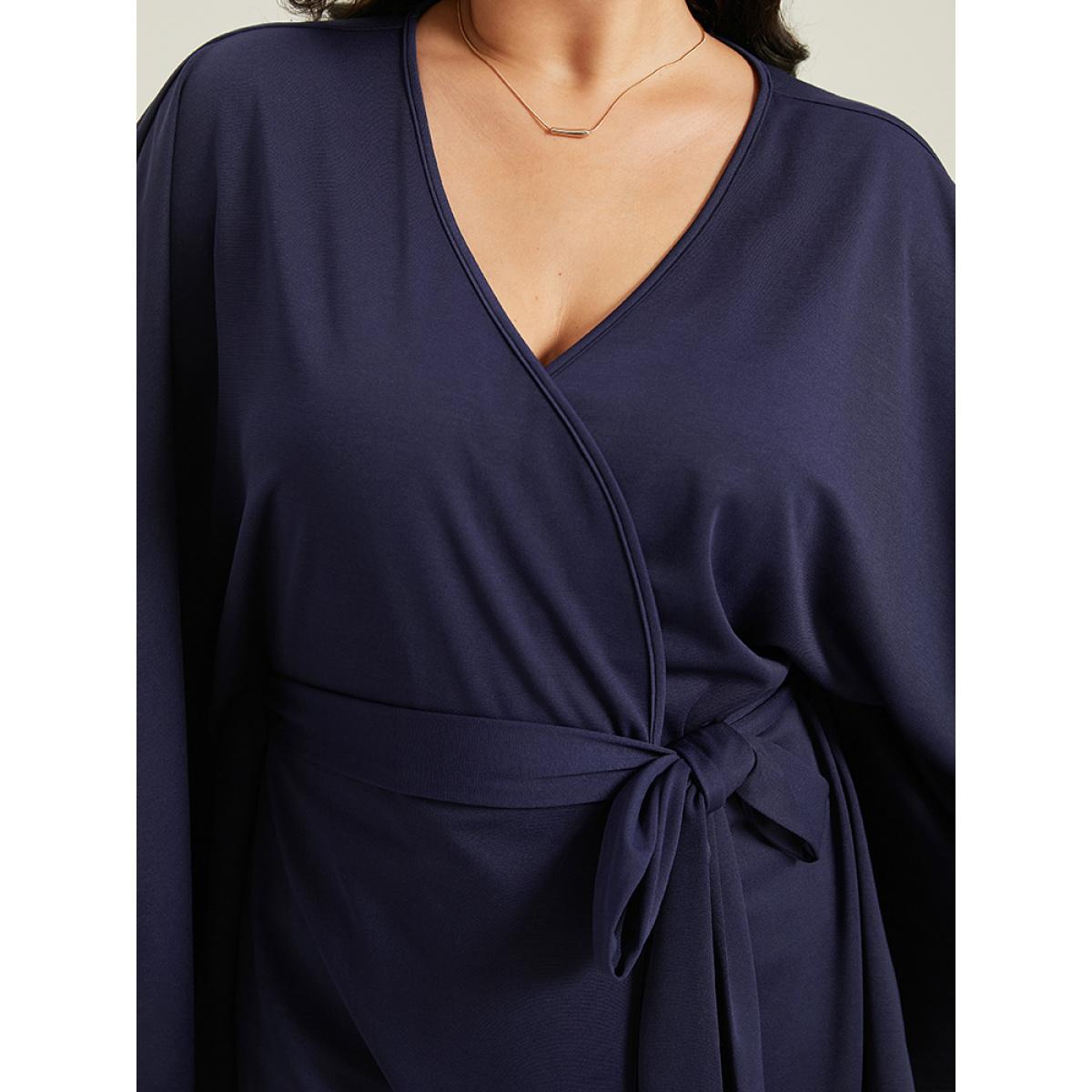 Plus Size Plain Drape Surplice Neck Belted Kimono Women Indigo Casual Drape Loose Belt Everyday Kimonos BloomChic 12/L Product Image