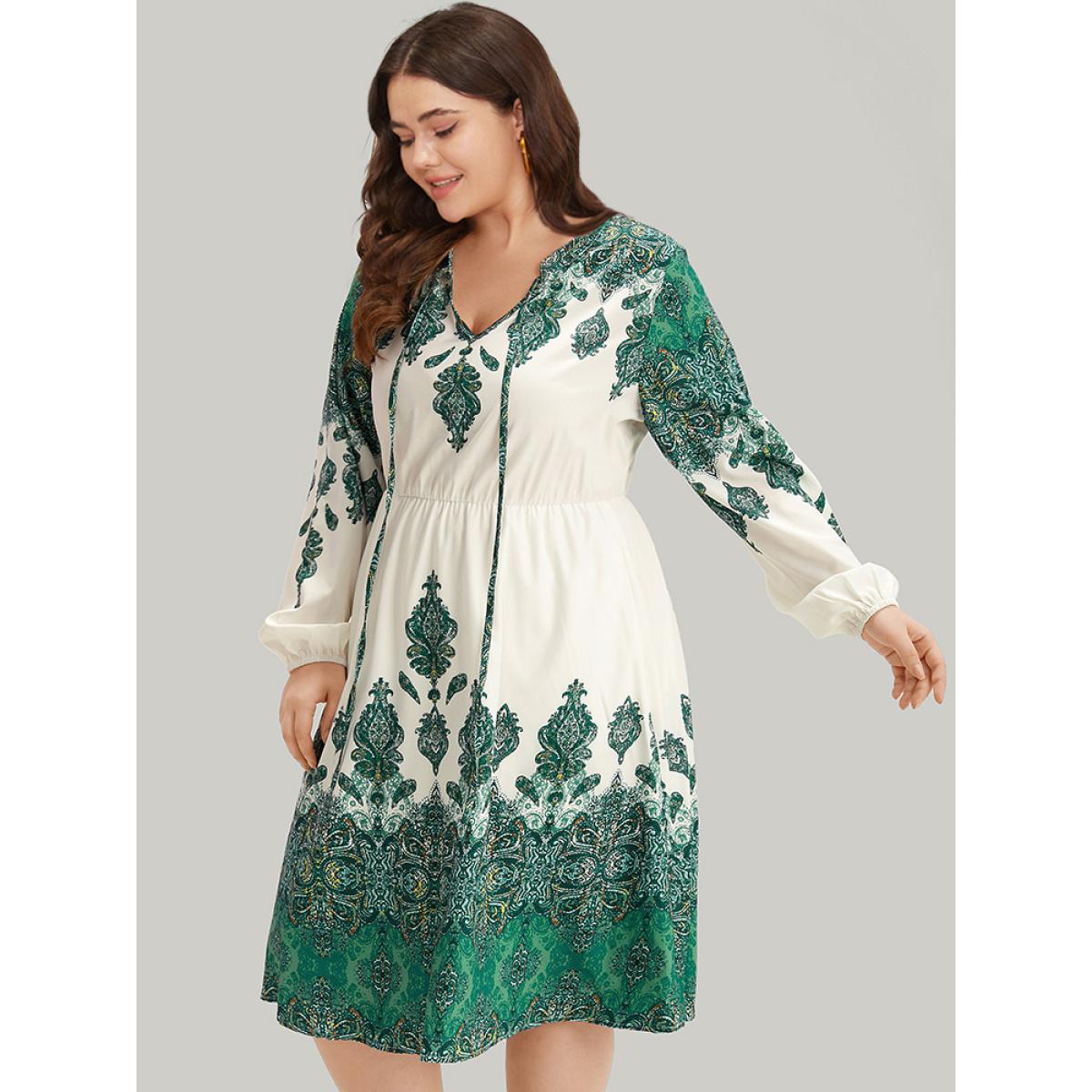Plus Size Bandana Print Tie Neck Lantern Sleeve Dress Green Women Vacation Elastic cuffs Notched collar Long Sleeve Curvy Midi Dress BloomChic 30/6X Product Image