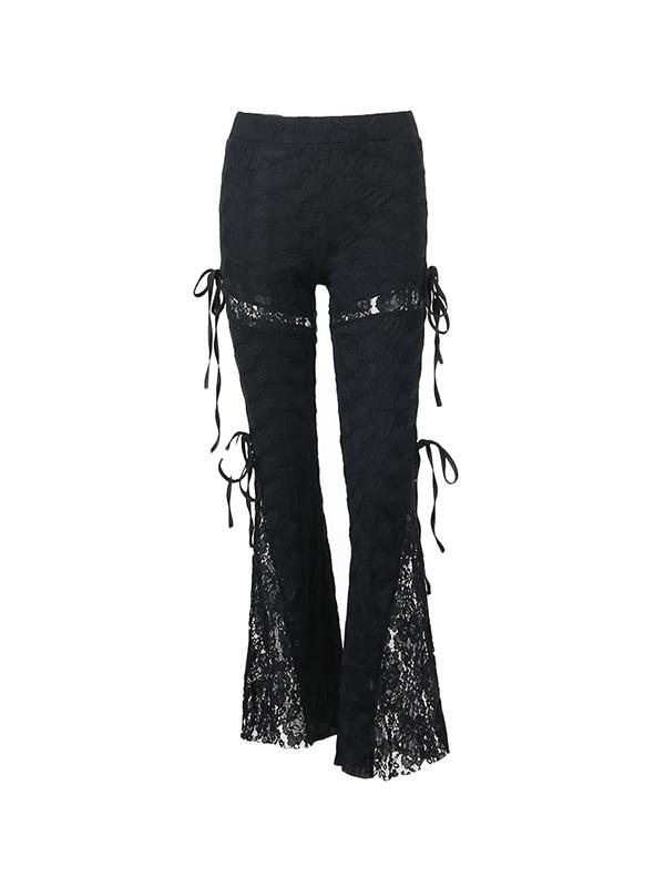 Textured Cutout Lace Splice Tie Up Flare Leg Pants Product Image