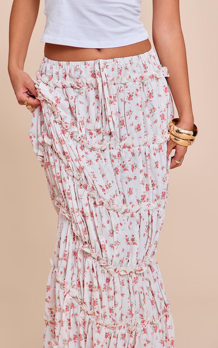 Pink Ditsy Floral Print Tiered Maxi Skirt Product Image
