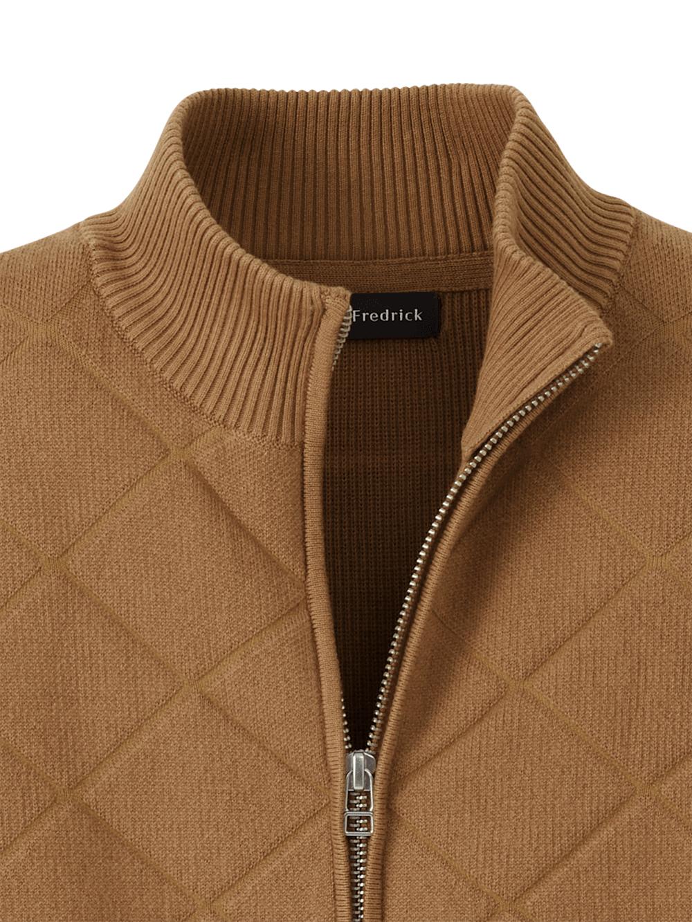 Cotton Full Zip Mock Neck Sweater - Camel Product Image