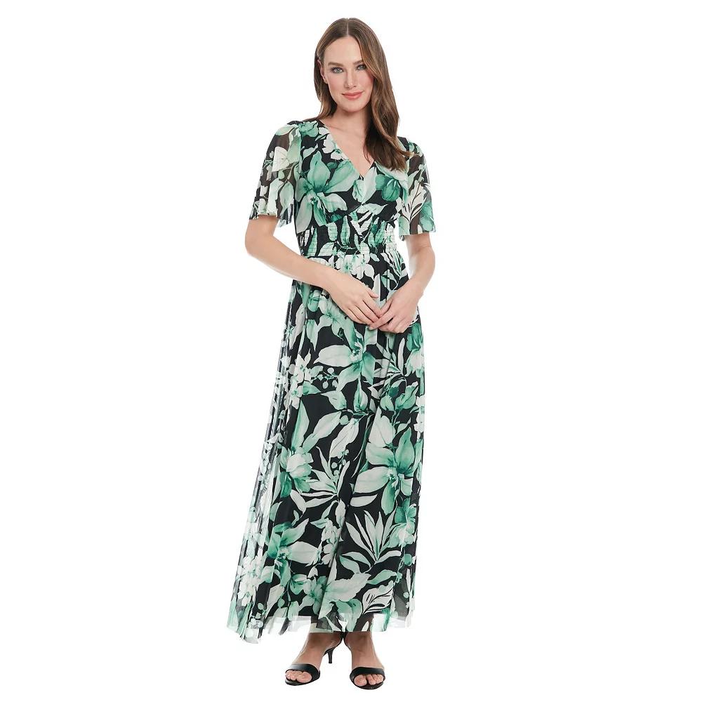 Women's London Times V-Neck Smocked Bodice Maxi Dress, Size: 10, Black Green Product Image
