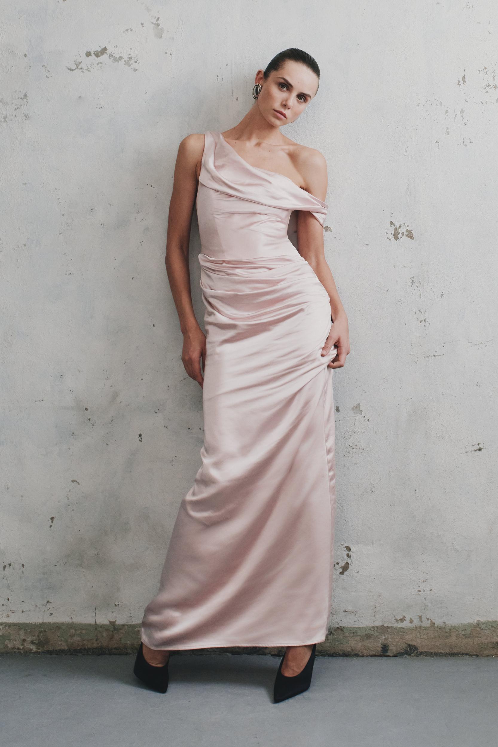 Dalia Off Shoulder Satin Maxi Dress - Soft Pink Product Image