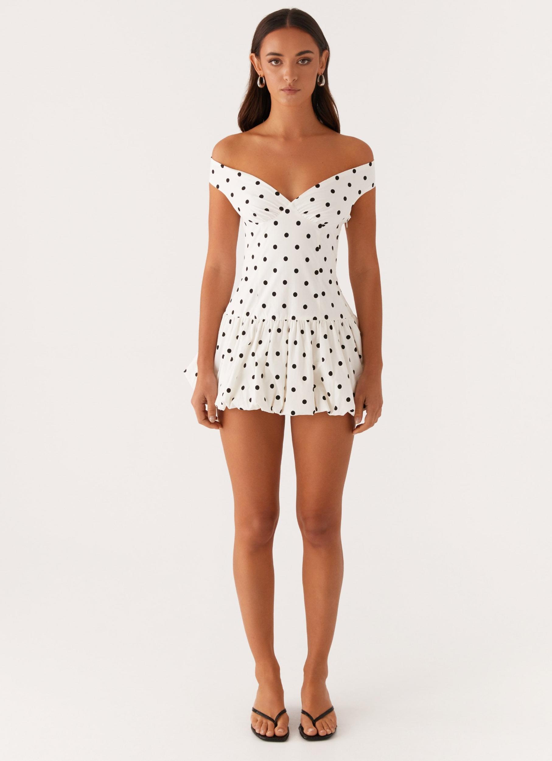 Endless Romance Off Shoulder Mini Dress - White Polka Dot Product Image