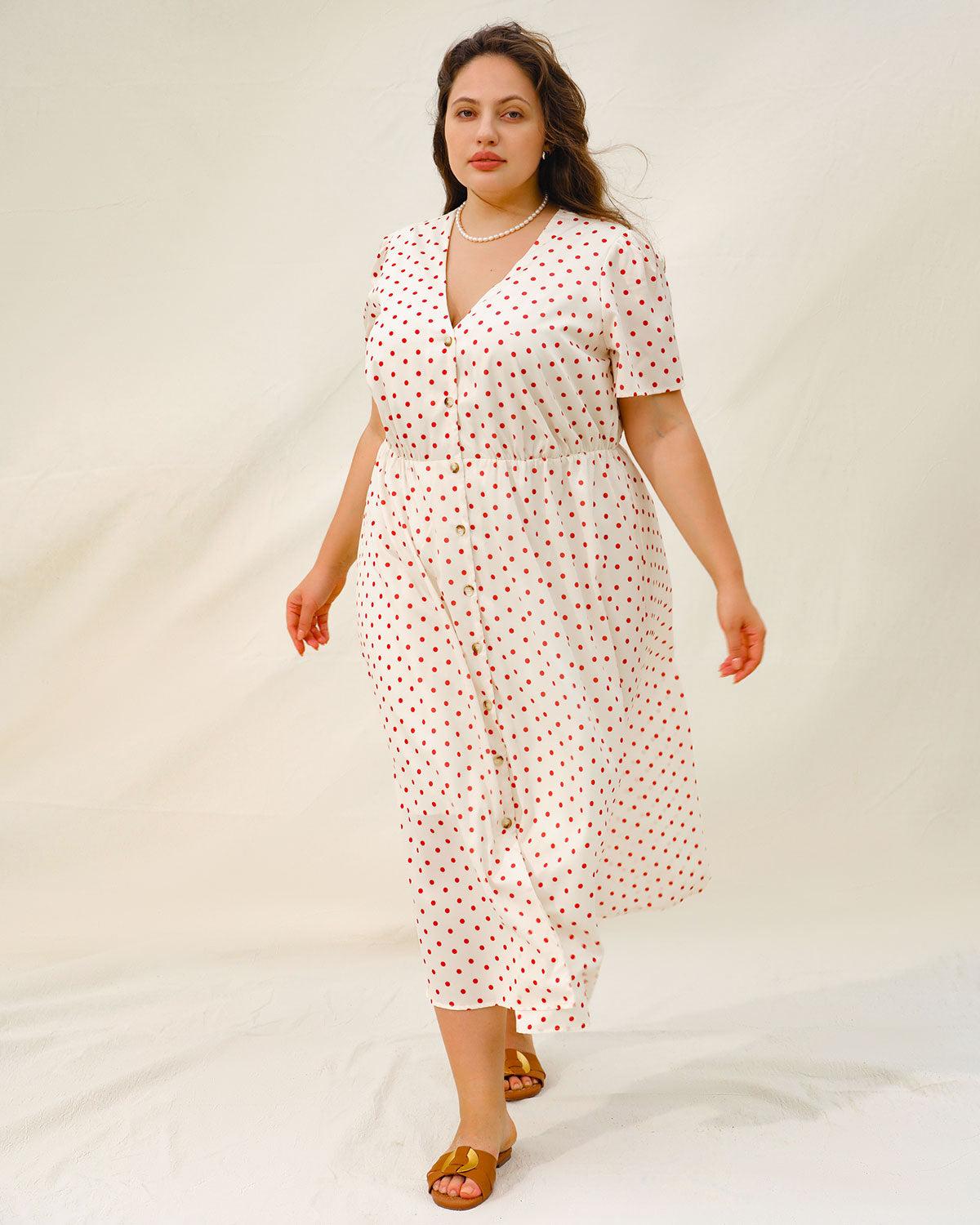 Beige Polka Dot Plus Size Midi Dress Product Image