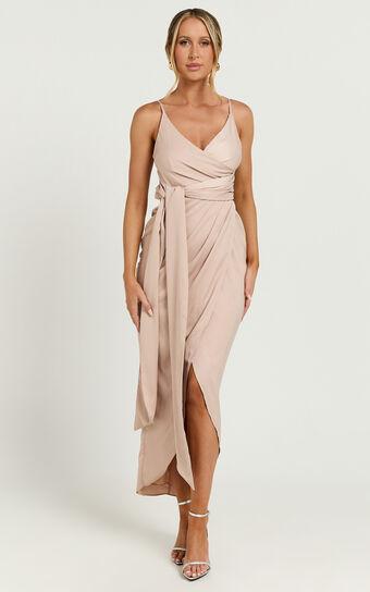 How Will I Know Midi Dress - Wrap Waist Tie Tulip Hem Dress in Champagne Product Image