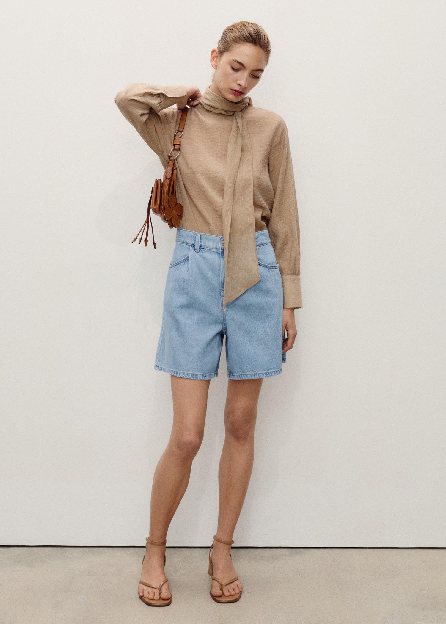 High-waist denim shorts with pleats - Women | MANGO USA Product Image