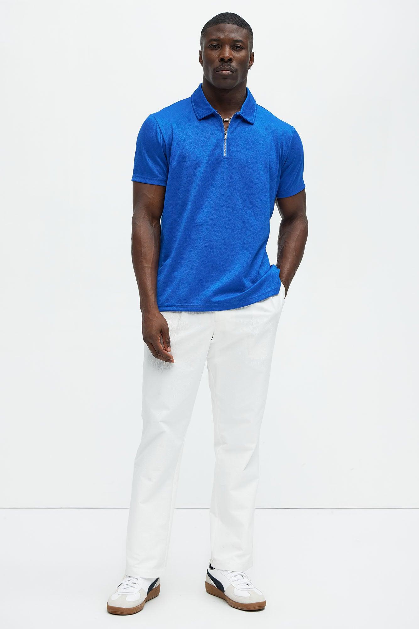 Jacquard Floral Knit Quarter Zip Polo Shirt - Blue Product Image