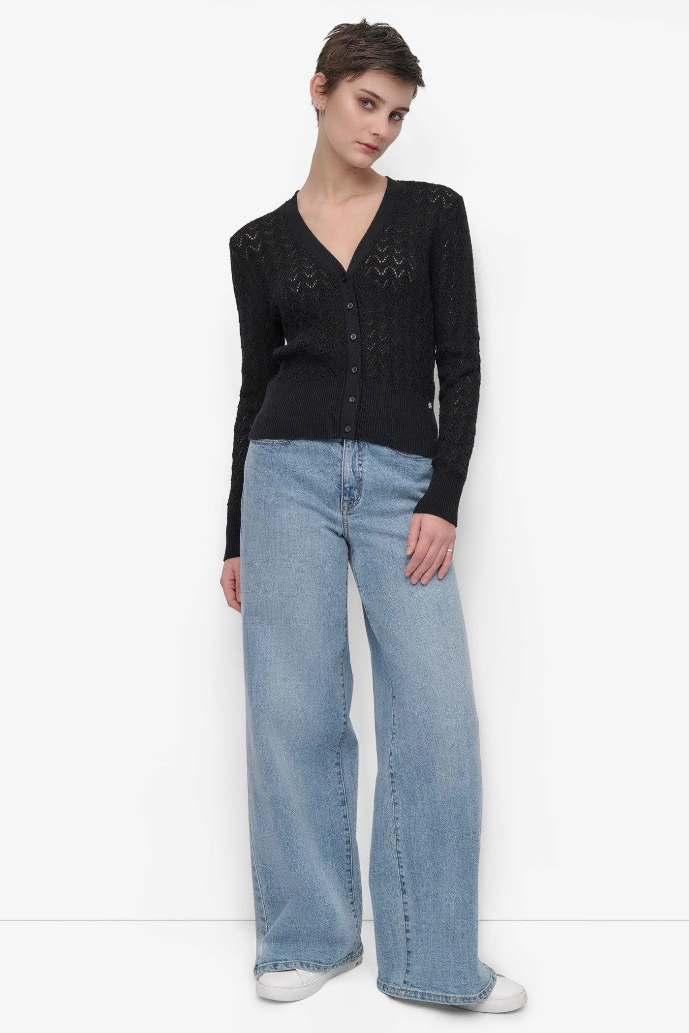 LONG SLEEVE POINTELLE STITCH V NECK CARDIGAN Product Image