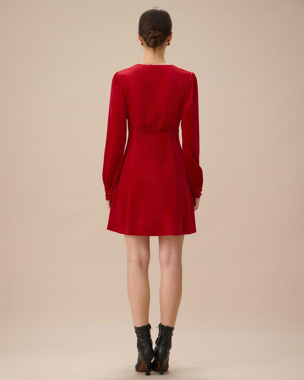 Red Velvet Puffed Sleeve A-Line Mini Dress Product Image