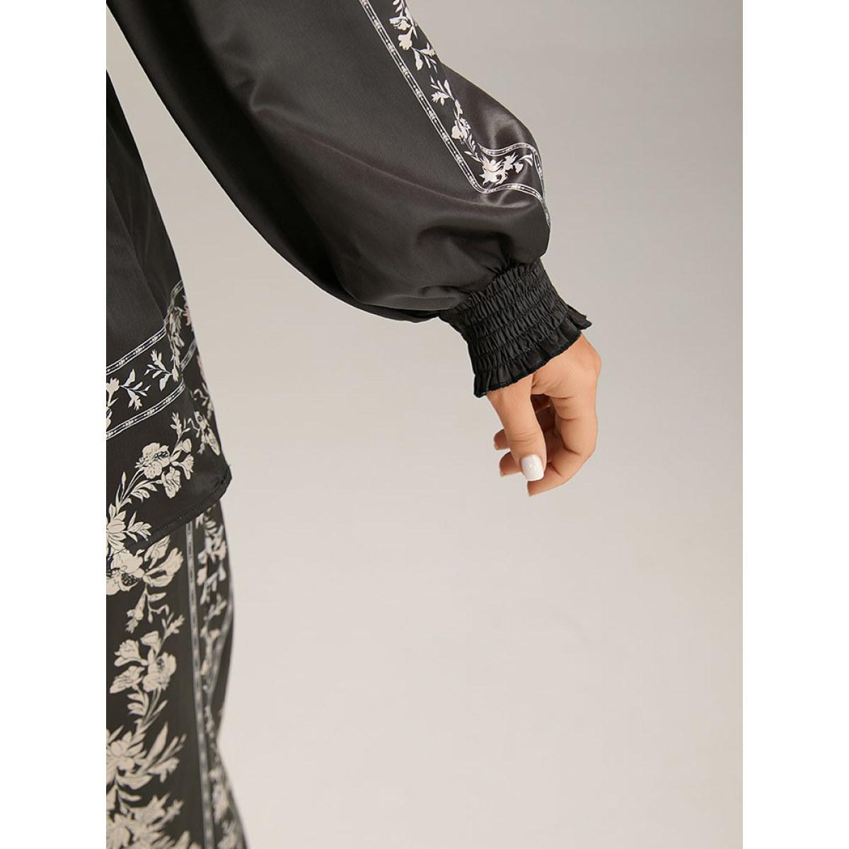 Plus Size BlackFlower Boho Print Shirred Lantern Sleeve Blouse Women Resort Long Sleeve V-neck Vacation Blouses BloomChic 12/L Product Image